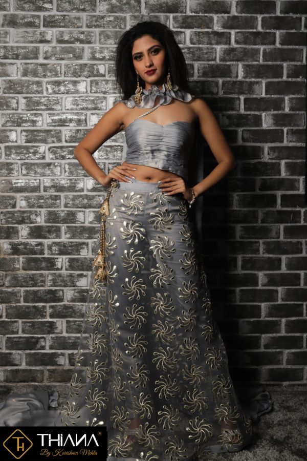 Lava Grey Lehenga Dress with Gold Shimmer Effect - Image 4