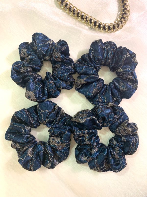 Teal Blue Embroidered Scrunchies