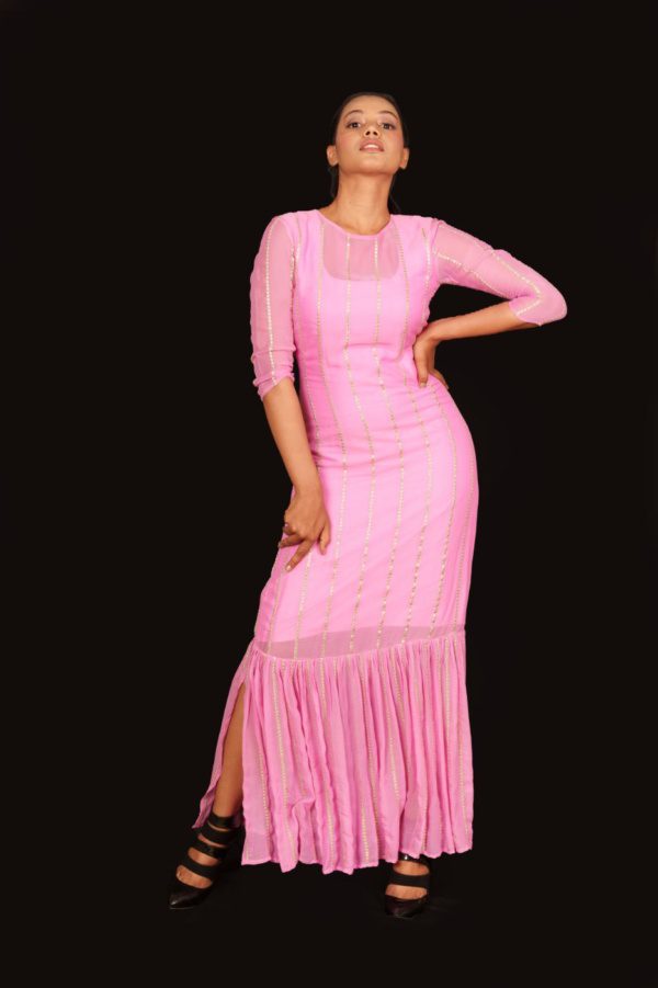 Tafy Pink Embroidered Long Dress - Image 6