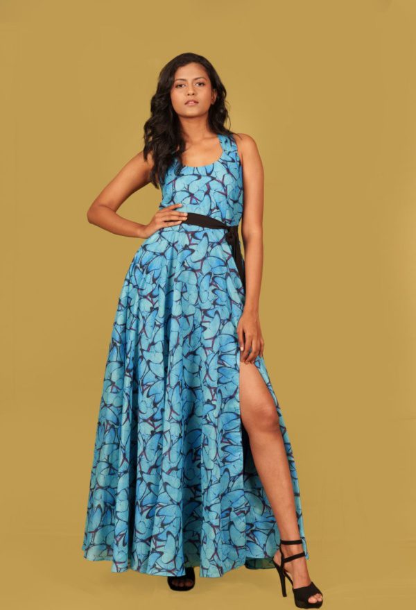 Blue Butterfly Print Long Dress